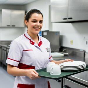 kitchen porter holding a tray of plates and cups kitchen porter holding a tray of plates and cups