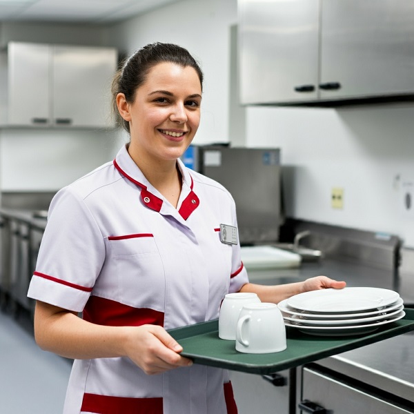 kitchen porter holding a tray of plates and cups