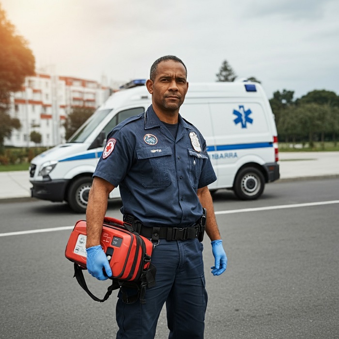 Paramedic with defibrillator in his hand